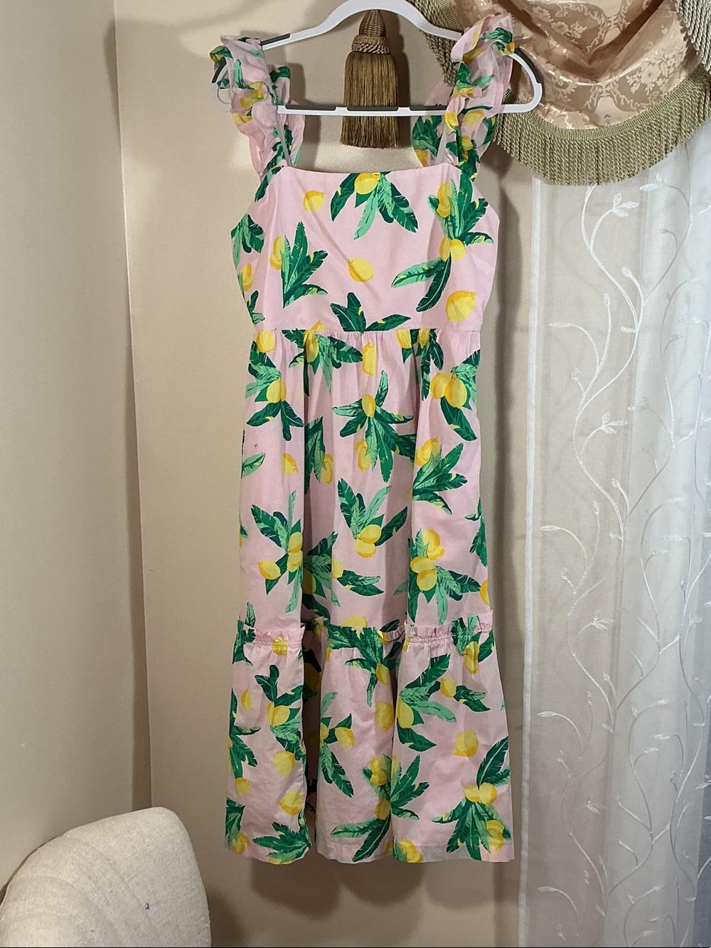 J Crew Pink Lemon Print Tiered Ruffle Square Neck Midi Dress Sz 8 Cotton Lined